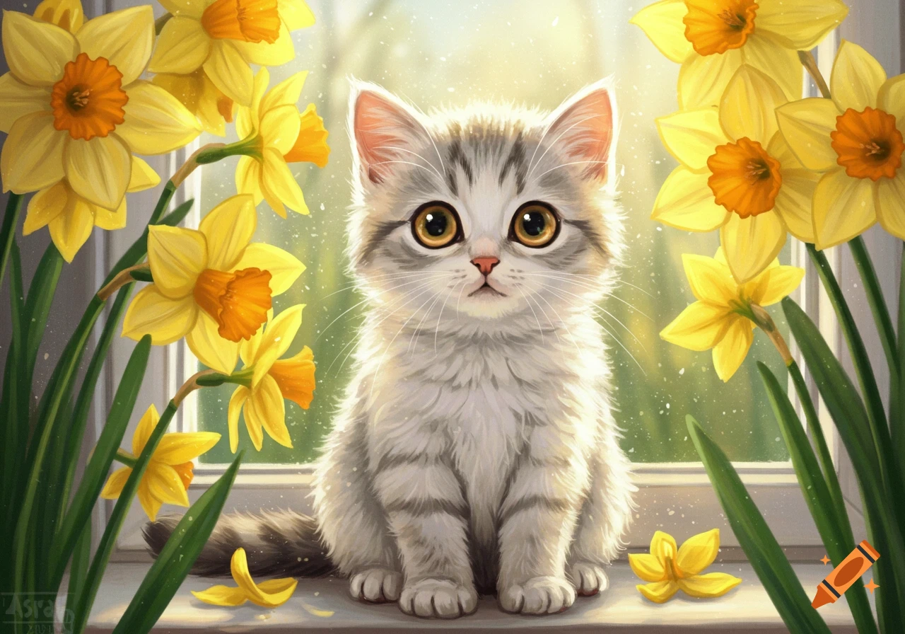 A cute, fluffy gray and white kitten with large golden eyes sits on a windowsill surrounded by bright yellow daffodils in an illustrative style.