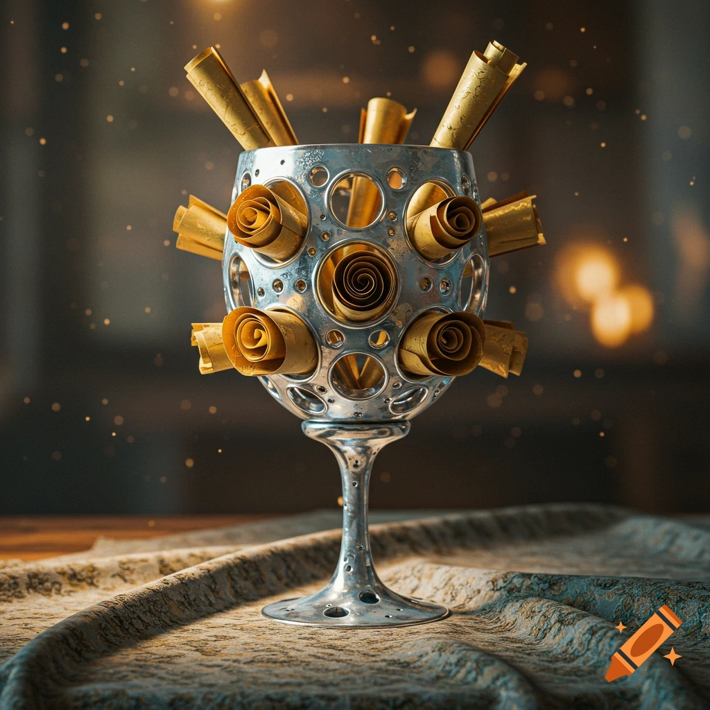 A shiny silver goblet with intricate holes holds numerous golden paper scrolls, resting on a textured cloth with bokeh lights in the background.