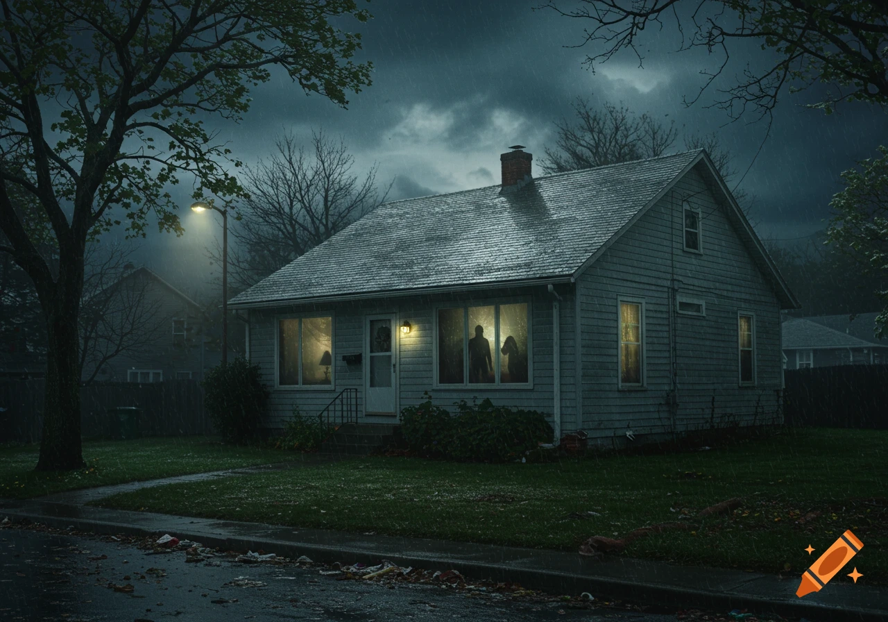 A suburban house on a dark, stormy night with mysterious silhouettes visible in the windows.