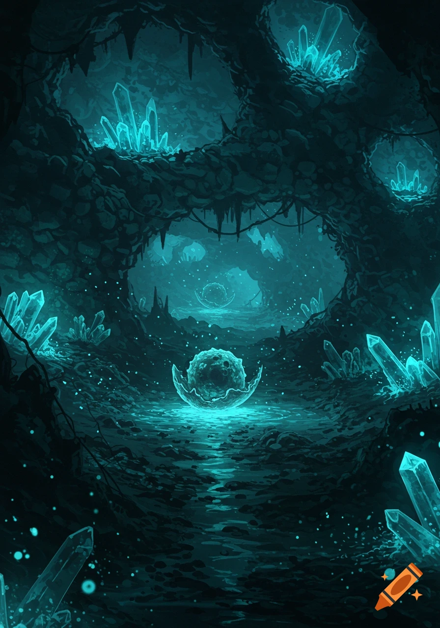 Dark, mysterious cave filled with vibrant teal glowing crystals and a luminous orb floating over a stream.