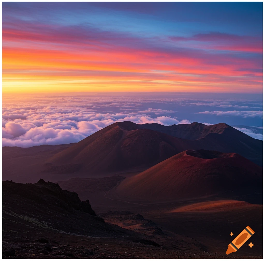 Vibrant sunset over volcanic craters and a sea of clouds from a mountain peak.