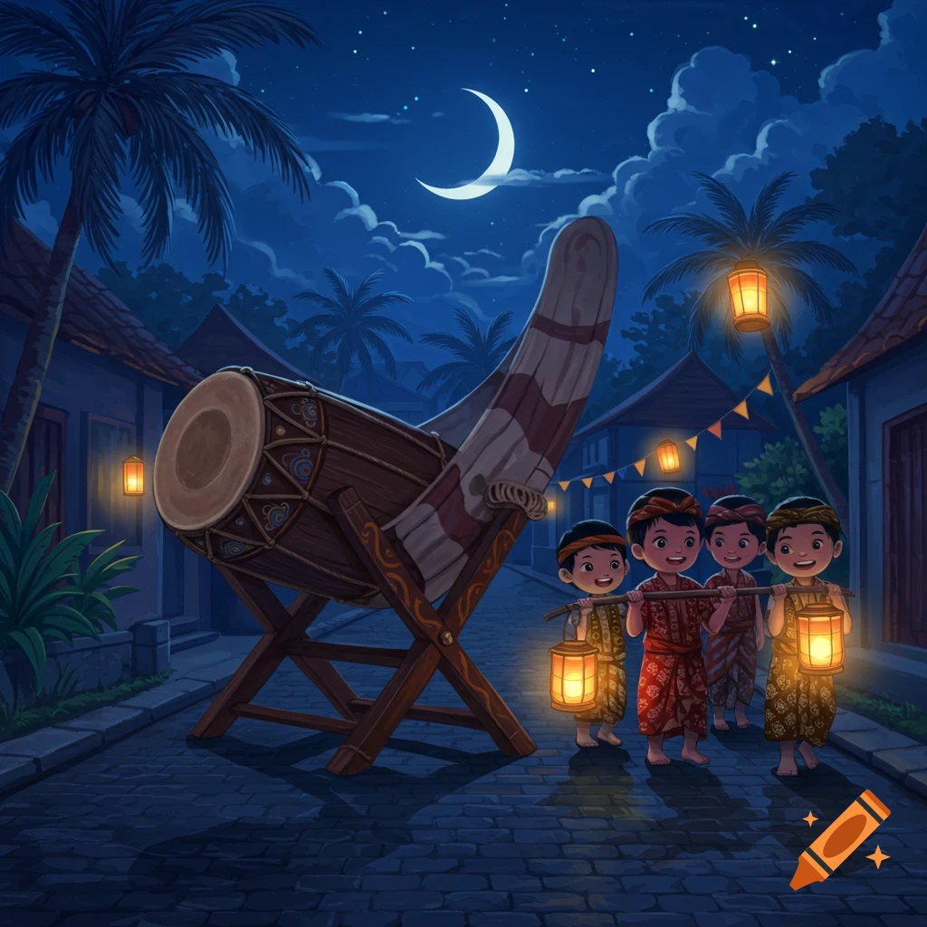 Four smiling children in traditional clothes carry lanterns and a large drum down a village street at night under a crescent moon.
