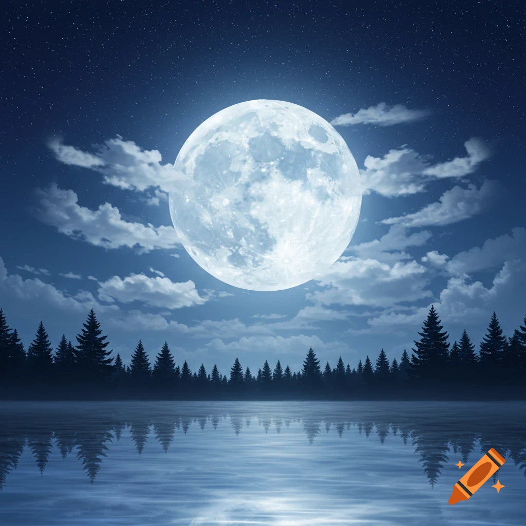 A large, bright full moon illuminates a star-filled night sky over a serene lake, reflecting the silhouette of a pine forest.