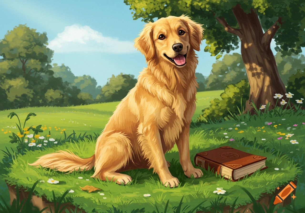 An illustrative Golden Retriever sits happily in a sunny green meadow with a book, surrounded by trees.