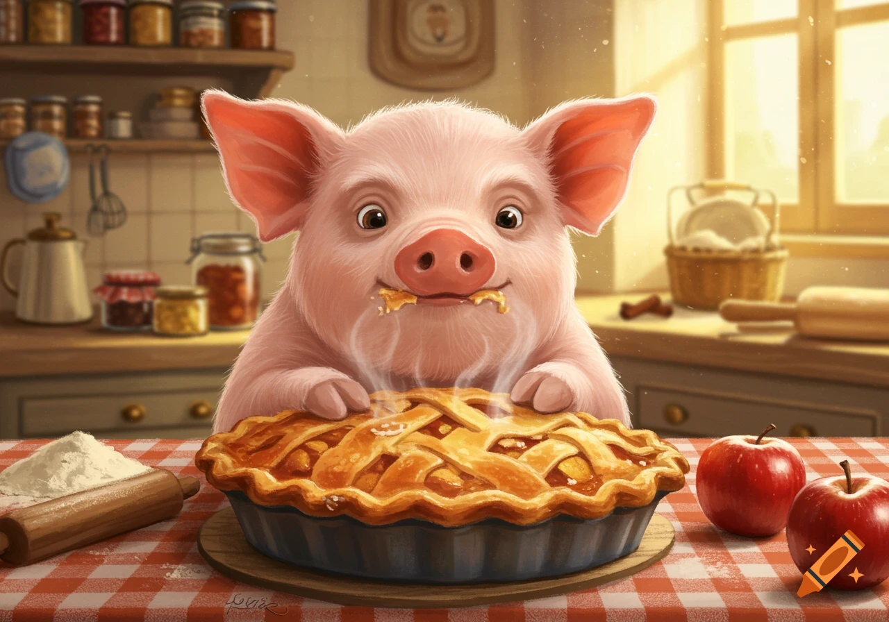 A cute pink pig with crumbs on its mouth happily eats a steaming apple pie on a checkered tablecloth in a cozy kitchen.