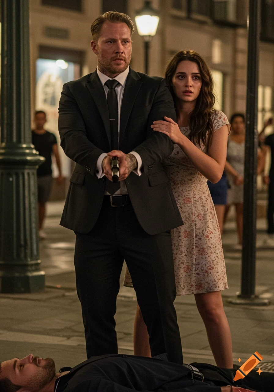 A bodyguard with tattoos holds a gun, protecting a woman in a floral dress, standing over an unconscious man on a city street at night. Photorealistic.
