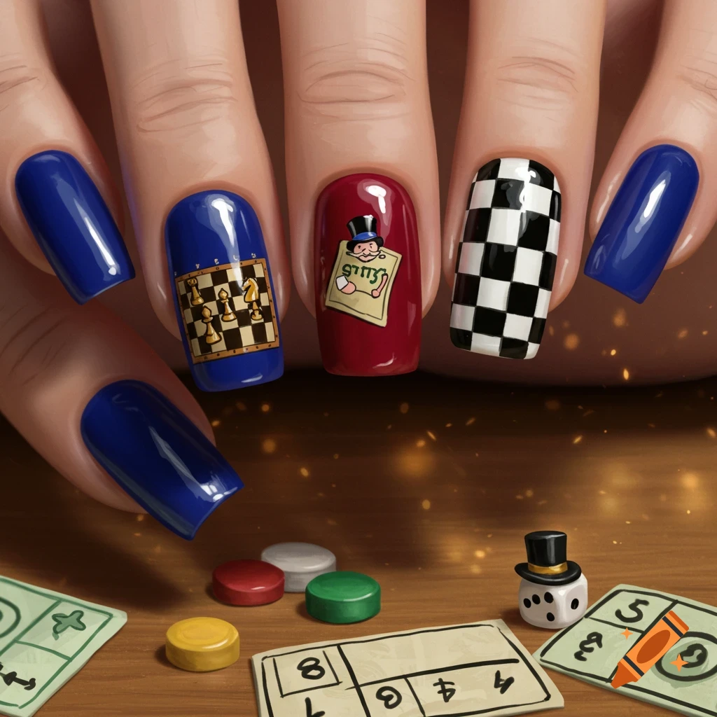 Close-up of fingernails painted with board game themes, including chess, Monopoly man, and checkerboard, with game pieces on a wooden table.