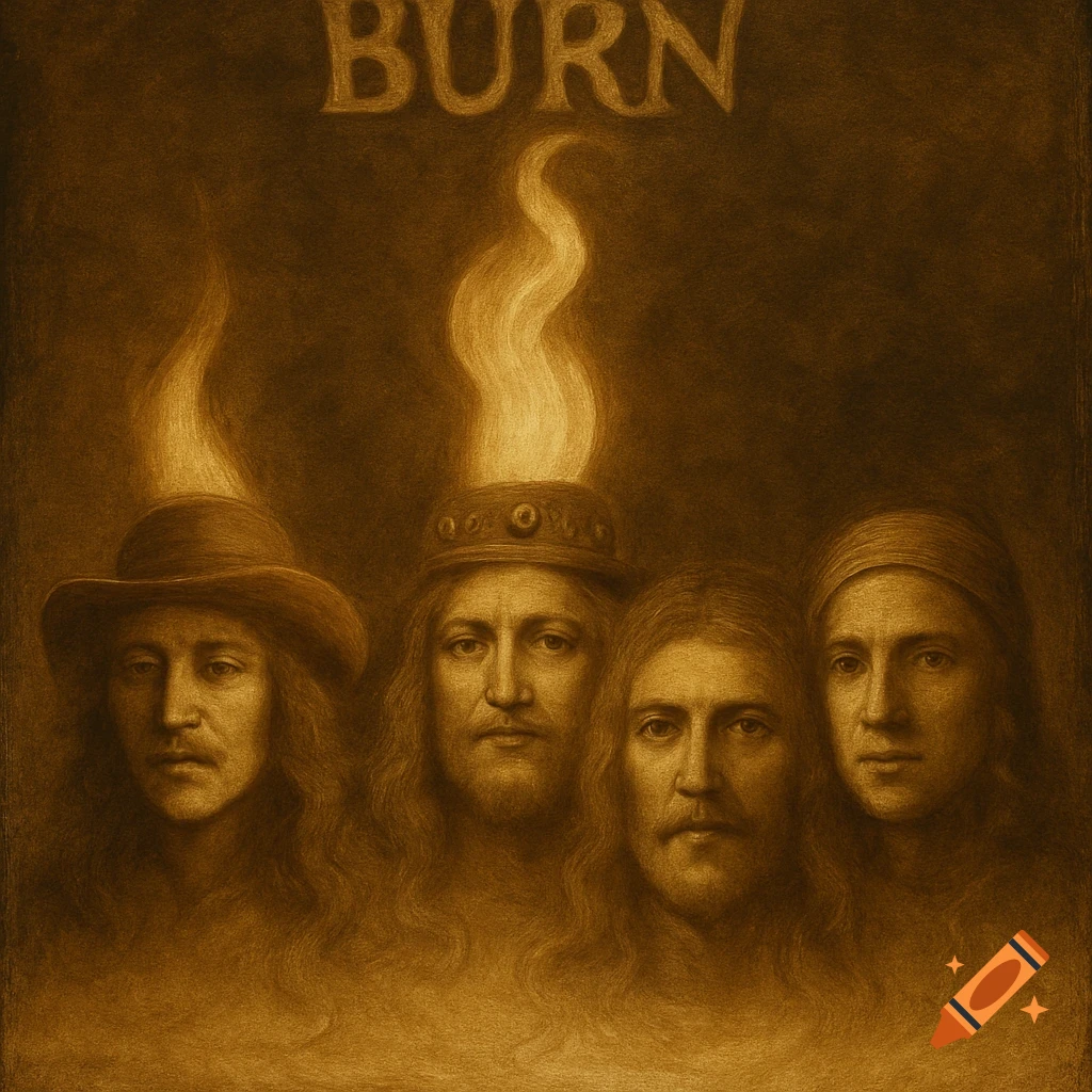 Four men's heads in a sepia-toned, classical painting style, with flames above two of them, and the word 'BURN' at the top.