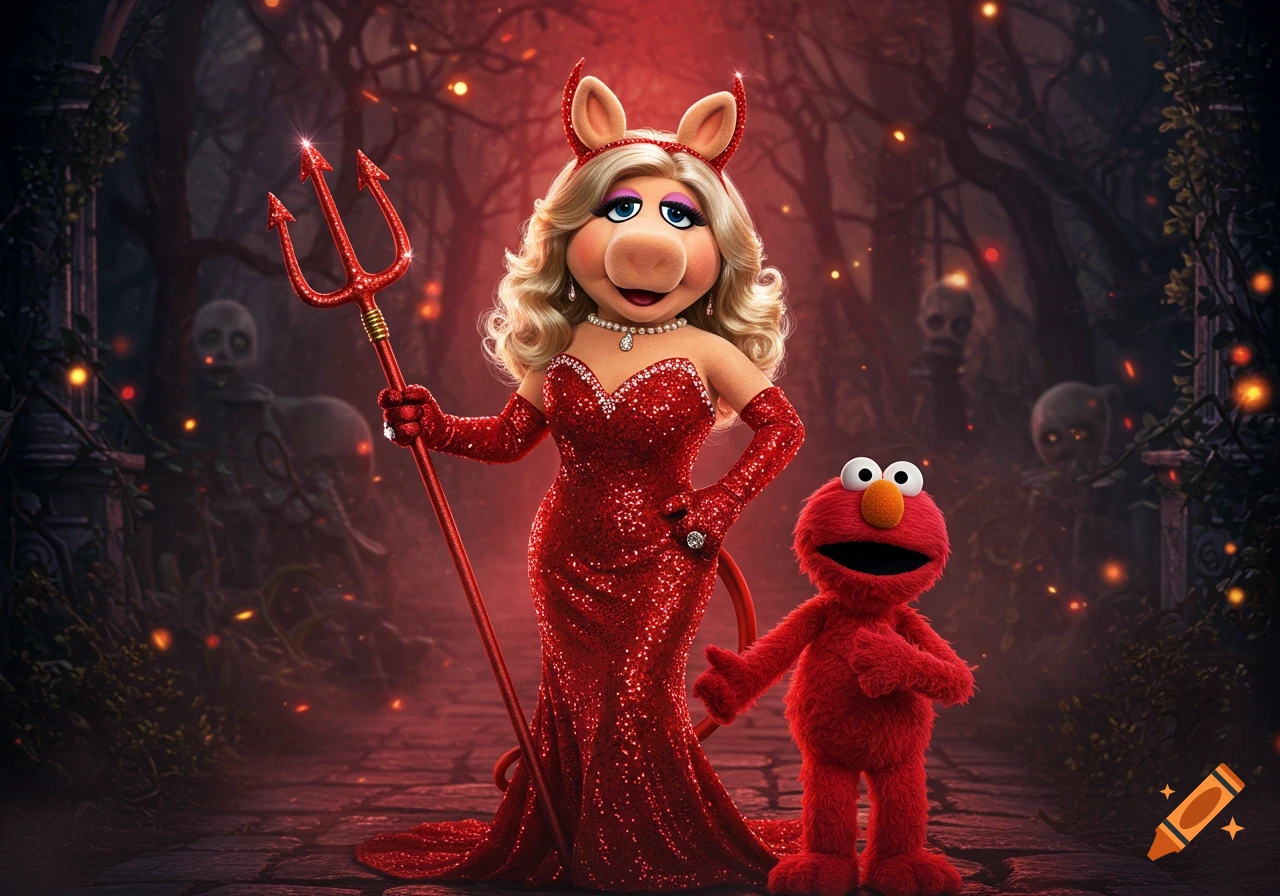 Miss Piggy as a glamorous devil in a red sequin gown and horns, holding a trident, stands next to a terrified Elmo in a spooky forest.