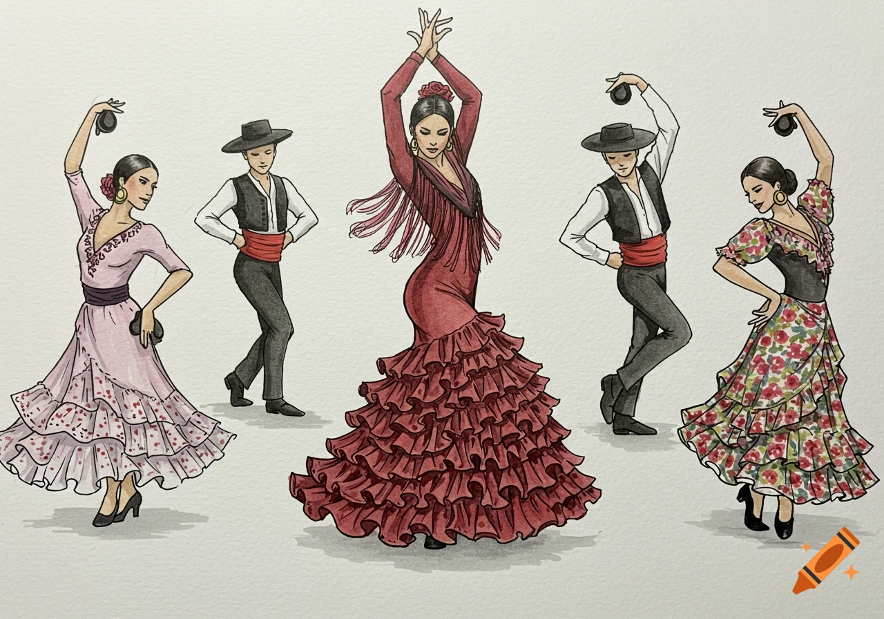 Hand-drawn watercolor illustration of five Spanish dancers, including a central flamenco dancer in a red ruffled dress.