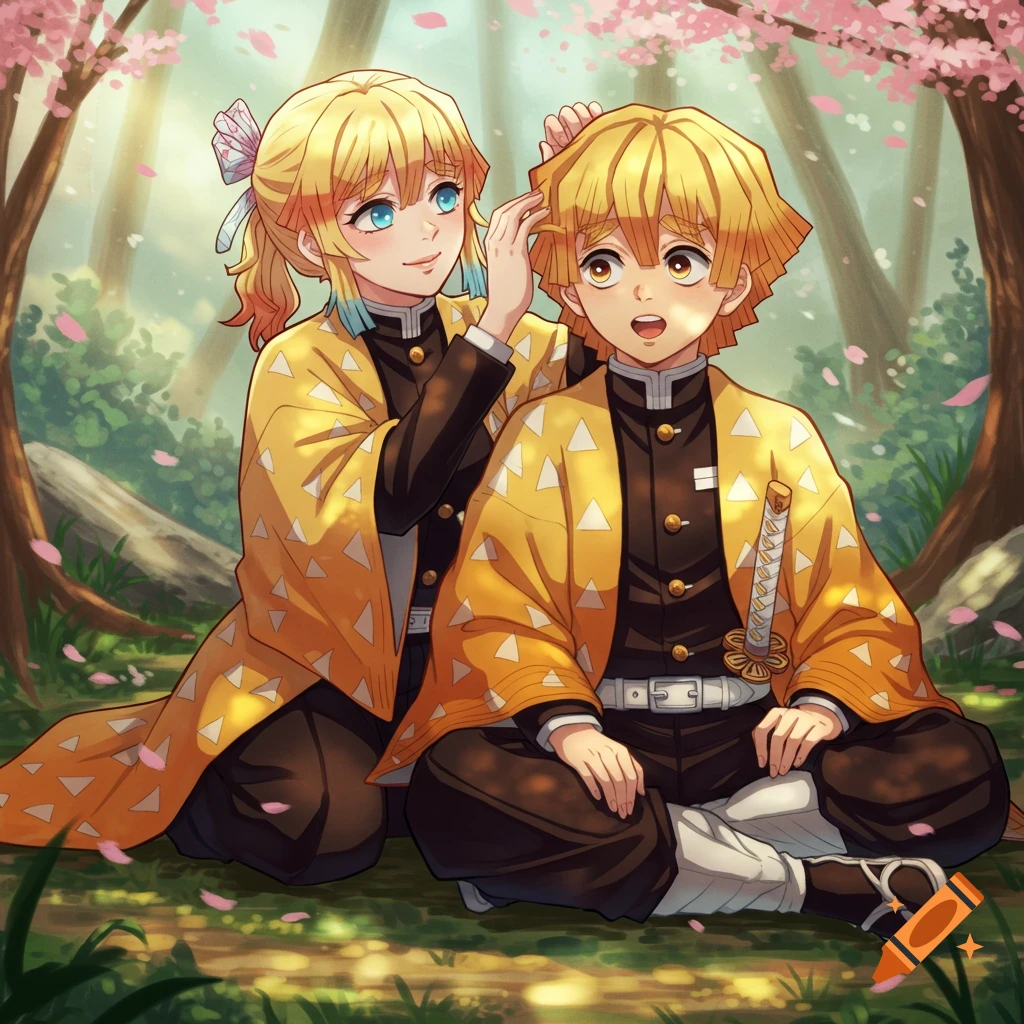 An anime woman with blonde hair and blue eyes gently adjusts Zenitsu Agatsuma's hair in a cherry blossom forest.