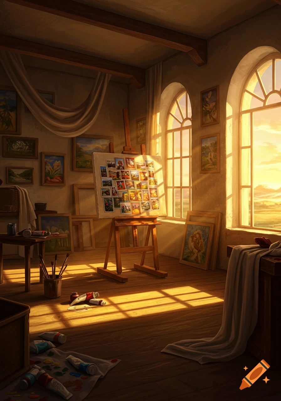 An artist's studio bathed in warm sunlight from large arched windows, featuring an easel, canvases, and art supplies.