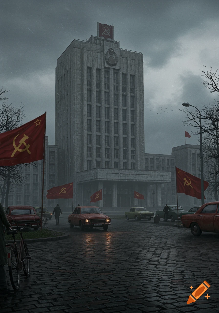 A gloomy Soviet-era city street with a large, brutalist building under a grey sky, flanked by red flags with hammer and sickle symbols. Vintage cars drive on wet cobblestones.