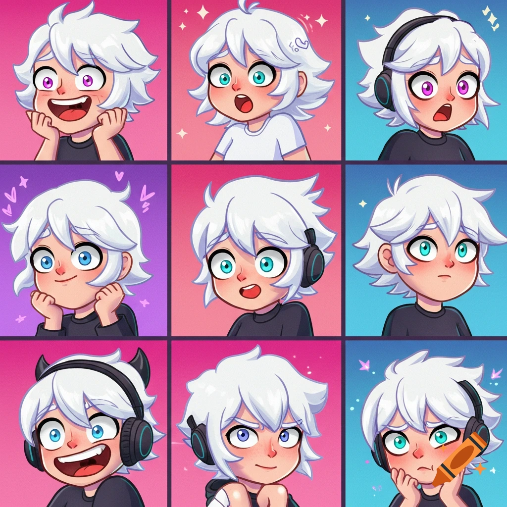 Grid of nine cartoon-style white-haired character avatars in Twitch emote style, each showing a different expression, some wearing headphones.