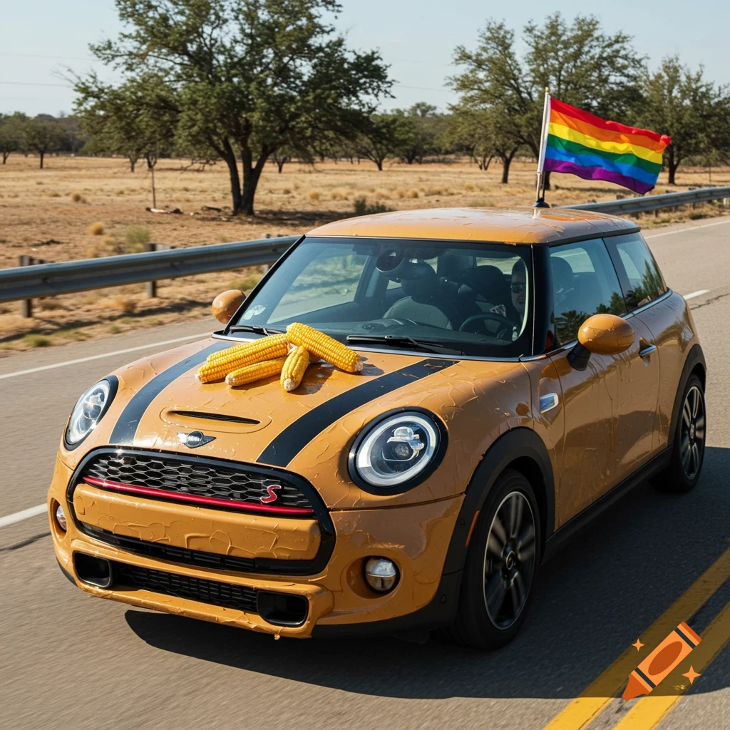 Golden Mini Cooper covered in peanut butter, with corn on the hood and a rainbow pride flag, driving on a road.