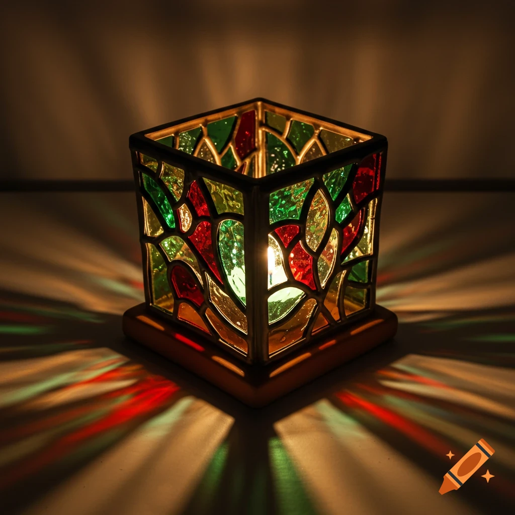A square stained glass candle holder with green and red panels casts colorful light patterns on a surface in a dark room.