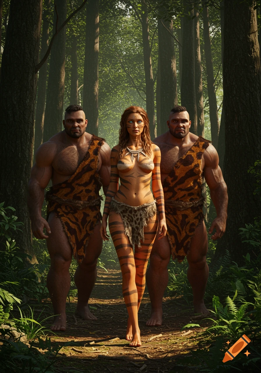 A tribal woman with body paint and two large cavemen stand in a lush, green jungle.