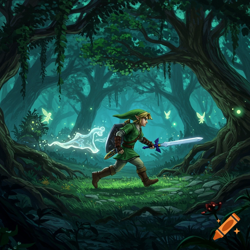 Link runs through a mystical, dark forest, holding a sword and shield, with glowing fairies and a spirit.