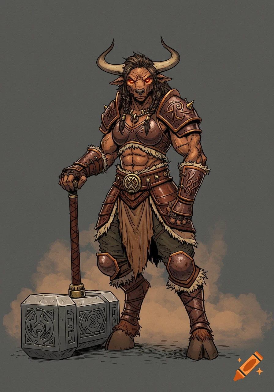 A strong female minotaur barbarian with glowing red eyes, in brown armor, stands holding a large warhammer on a flat background. Simple illustration.