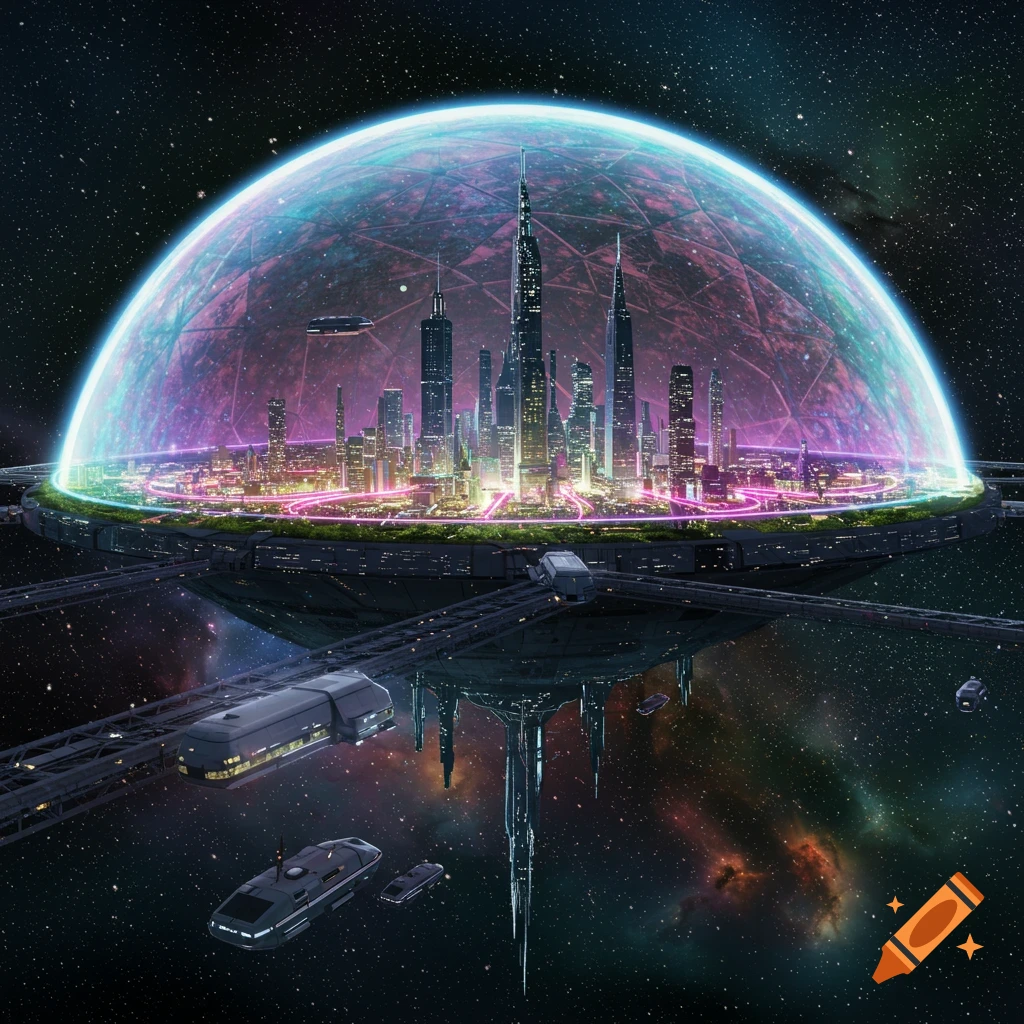 A futuristic domed city floats in space with glowing neon lights, surrounded by spaceships and stars.
