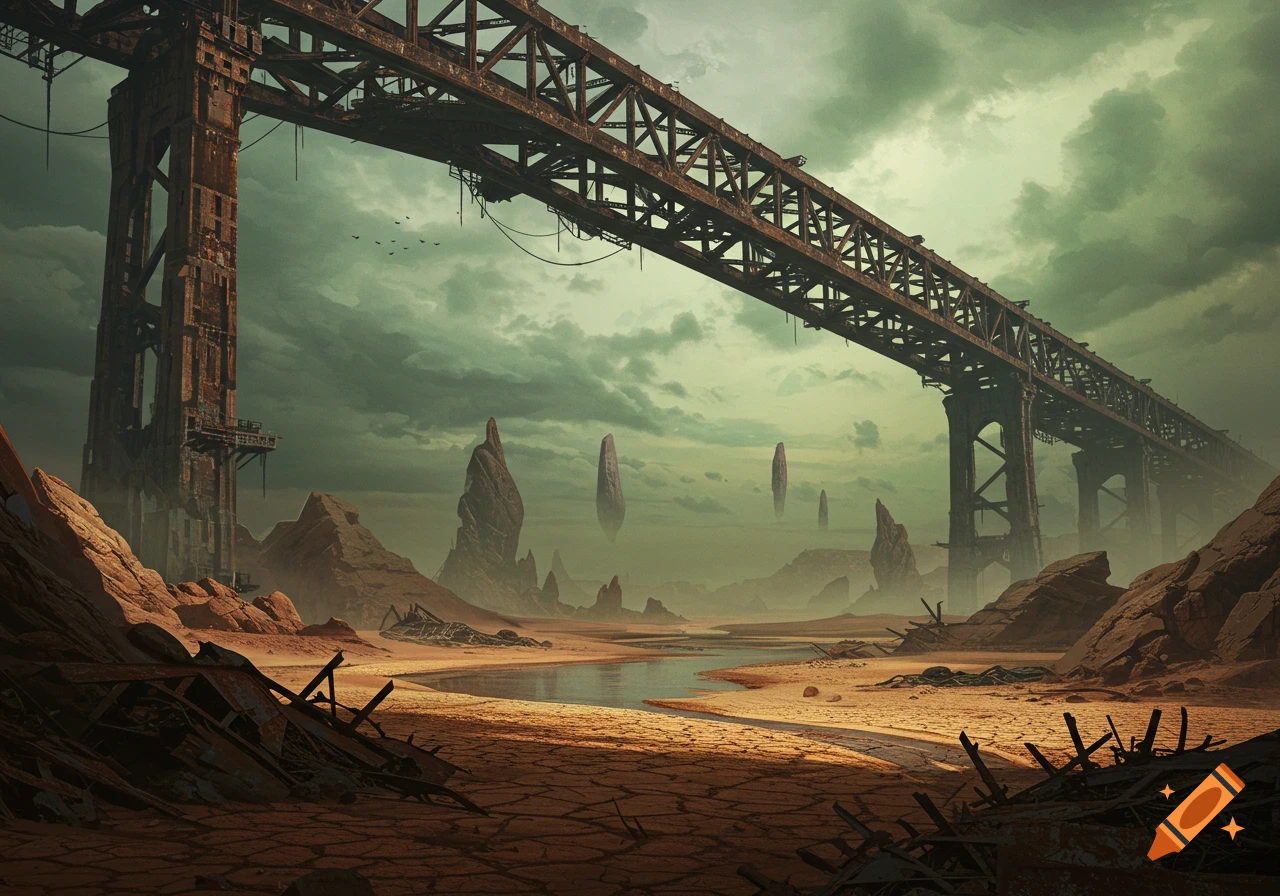 A massive, rusty industrial bridge dominates a dystopian desert landscape with a river, cracked earth, and floating rock formations under a cloudy green sky.