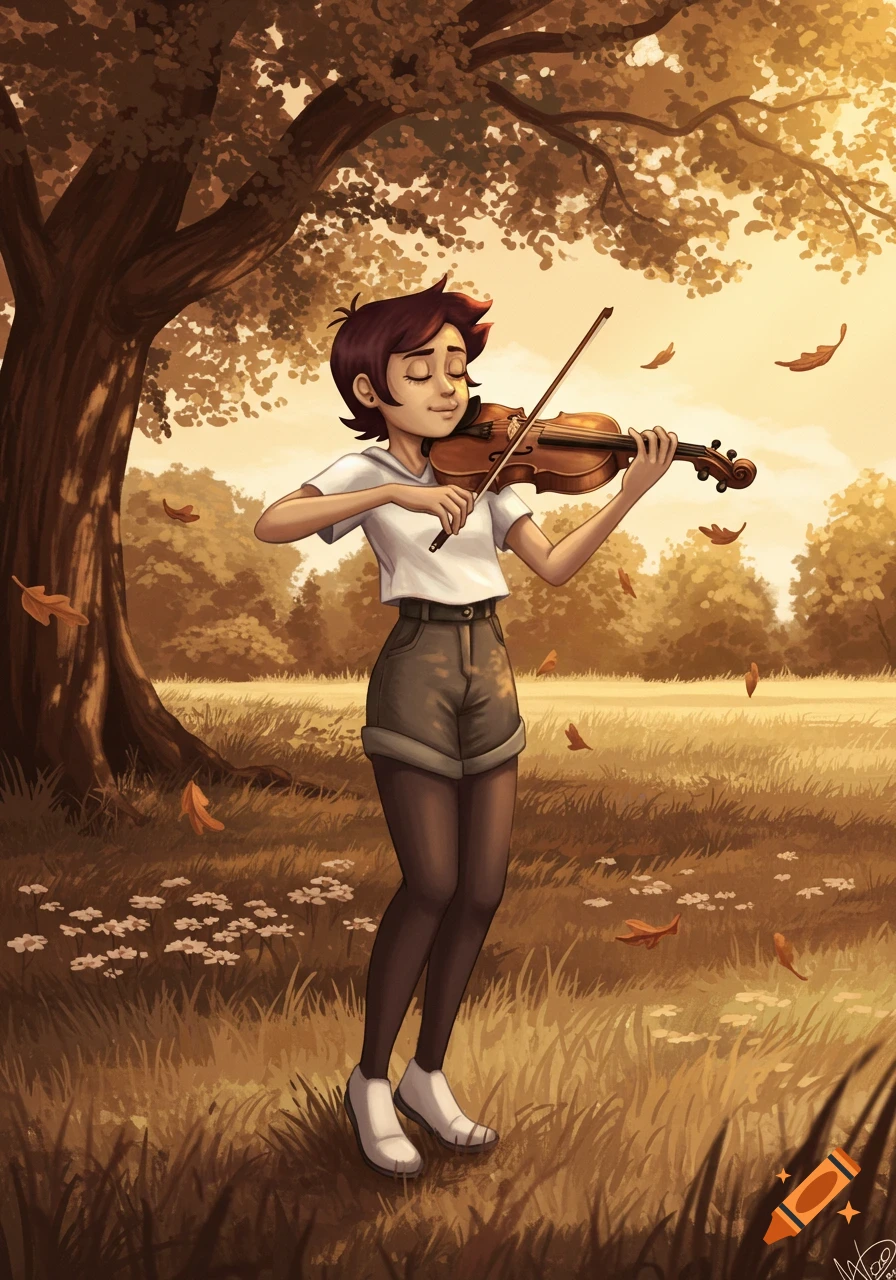 Cartoon character Luz plays violin in a sunny autumn field with a tree and falling leaves.