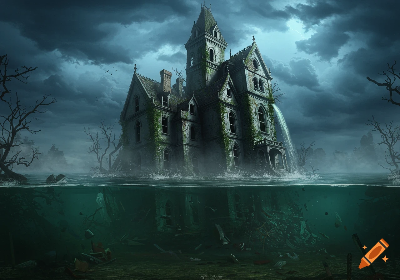 A photorealistic gothic mansion, half-submerged in dark, stormy waters, its ruined foundation visible below the surface.