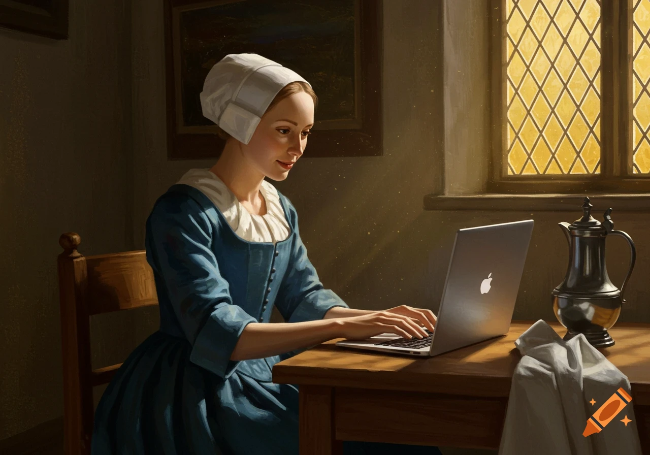 A woman in a 17th-century Dutch dress uses a modern laptop at a wooden table in a room with a leaded glass window, in Vermeer's painting style.