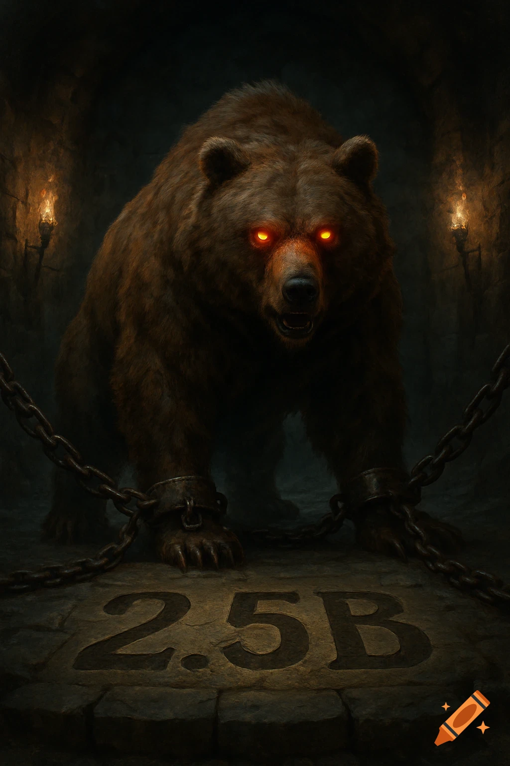 A ferocious brown bear with glowing red eyes is chained in a dark dungeon, with '2.5B' carved into the stone floor.