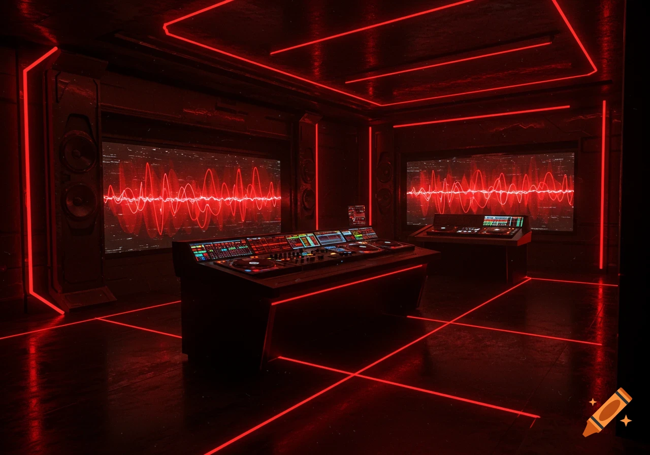 A futuristic DJ studio or command center with red neon lights, two mixing consoles, and screens displaying red waveforms.