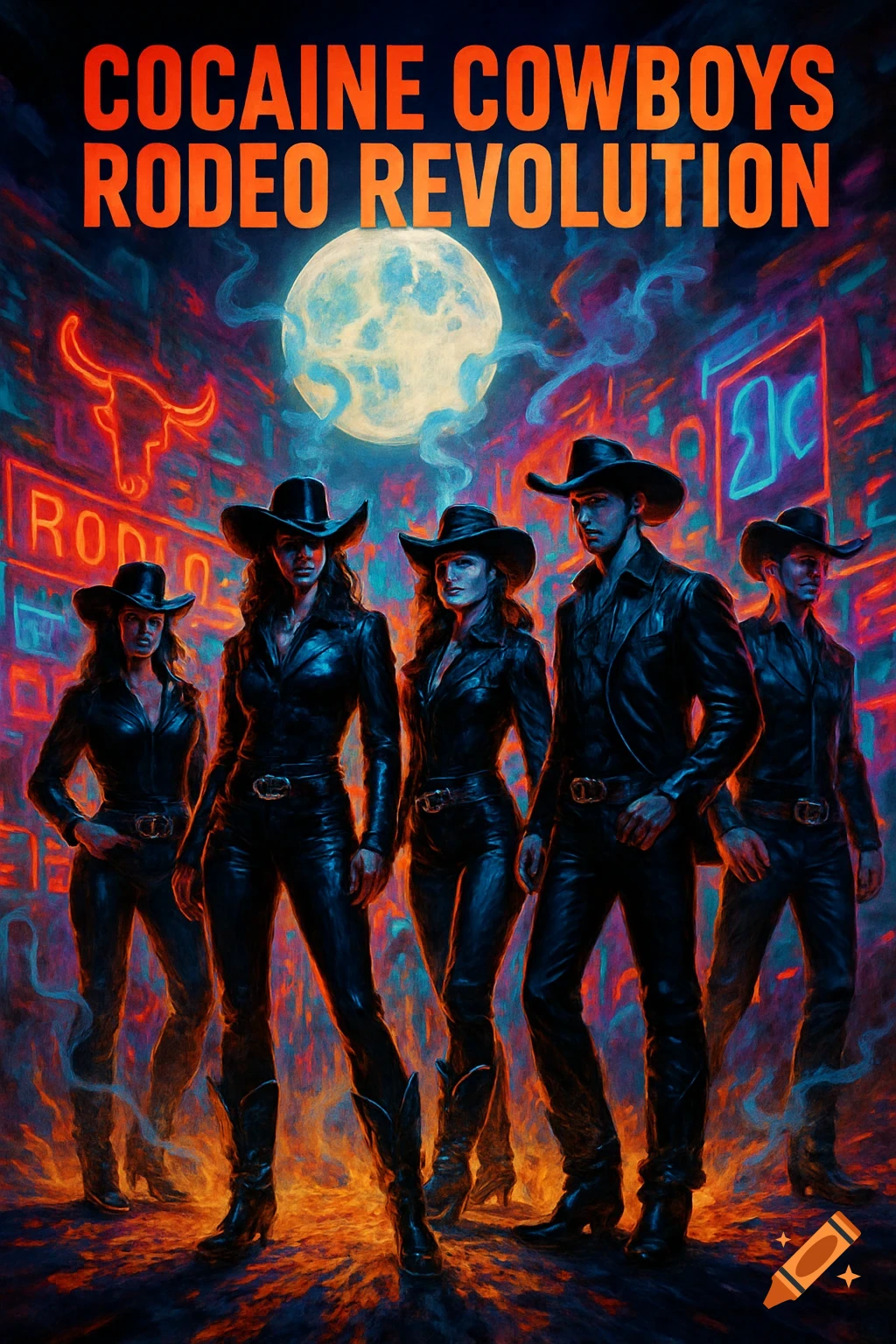 Five people in black leather cowboy outfits and hats stand on glowing orange ground under a full moon, with neon signs in a stylized urban setting. Text reads 'COCAINE COWBOYS RODEO REVOLUTION'.