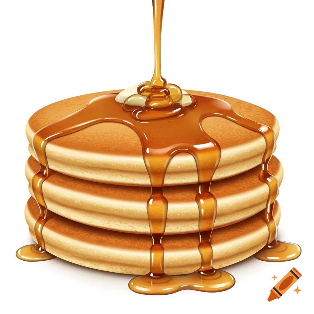 A stack of three golden pancakes with rich maple syrup pouring over them, topped with a melting pat of butter, on a white background.