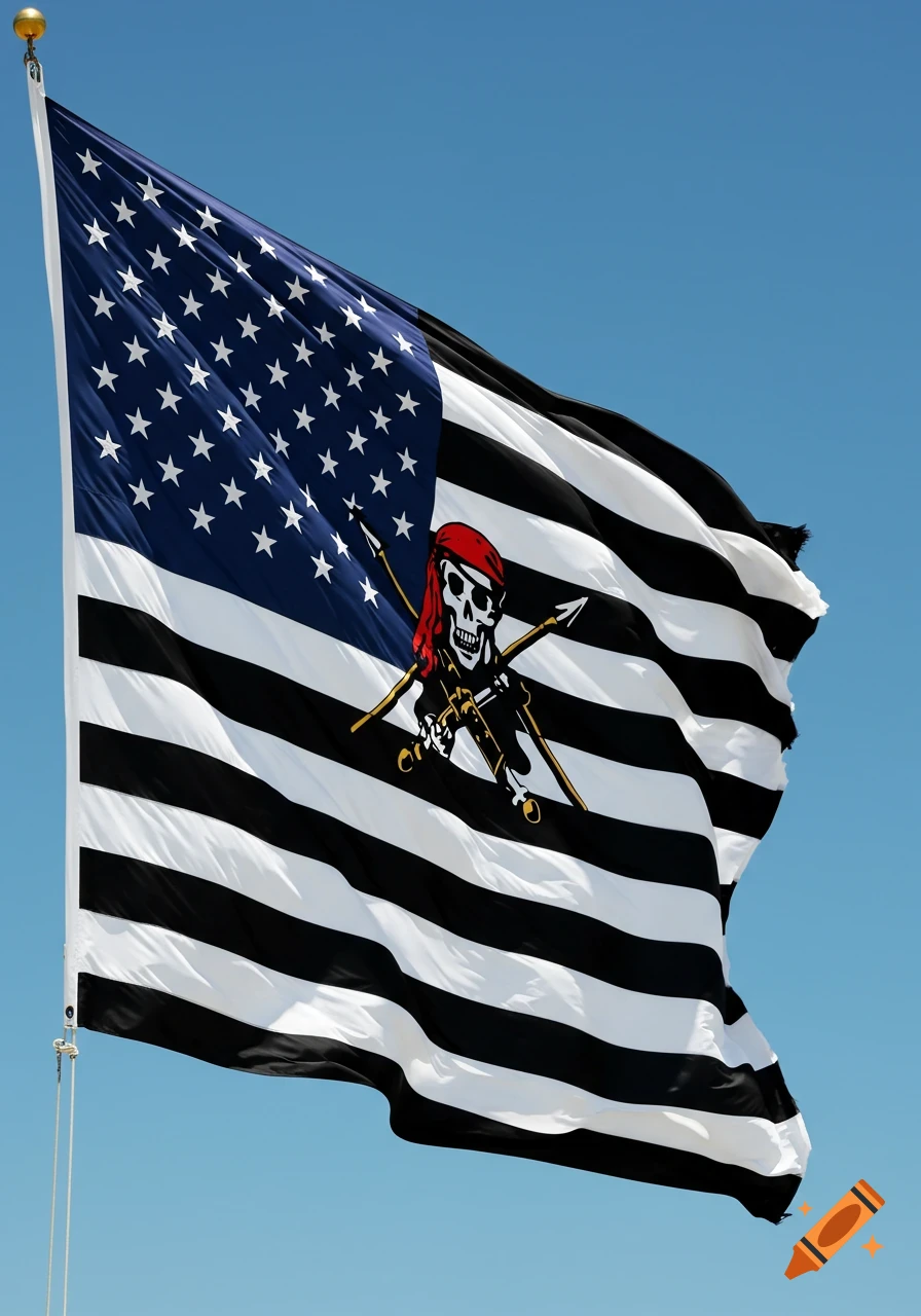 An American flag with black and white stripes and a blue field of stars, featuring an Edward Teach pirate skull and crossbones emblem, against a clear blue sky.