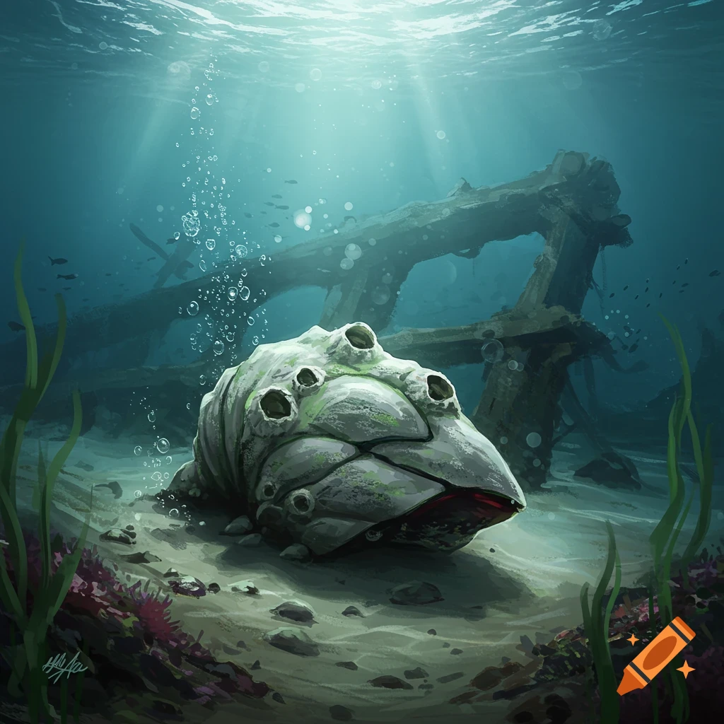 A strange, barnacle-like creature with a red mouth rests on the sandy ocean floor, bathed in sunlit underwater scene.