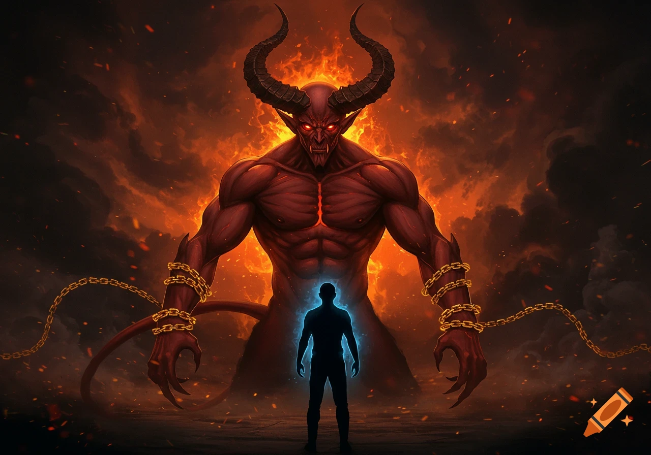 A massive red devil with large horns and chains on its arms stands in a fiery, smoky inferno, towering over a small, glowing blue human silhouette.