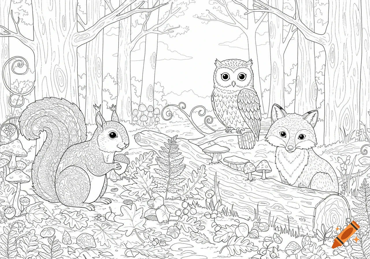 A black line art coloring page of a squirrel, owl, and fox in an autumn forest scene with logs, mushrooms, and leaves.
