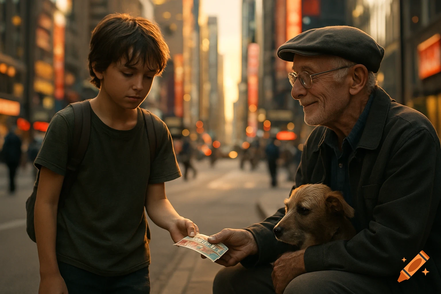 A young boy with a backpack hands a ticket to an old man holding a small dog on a city street at sunset, a heartwarming moment.