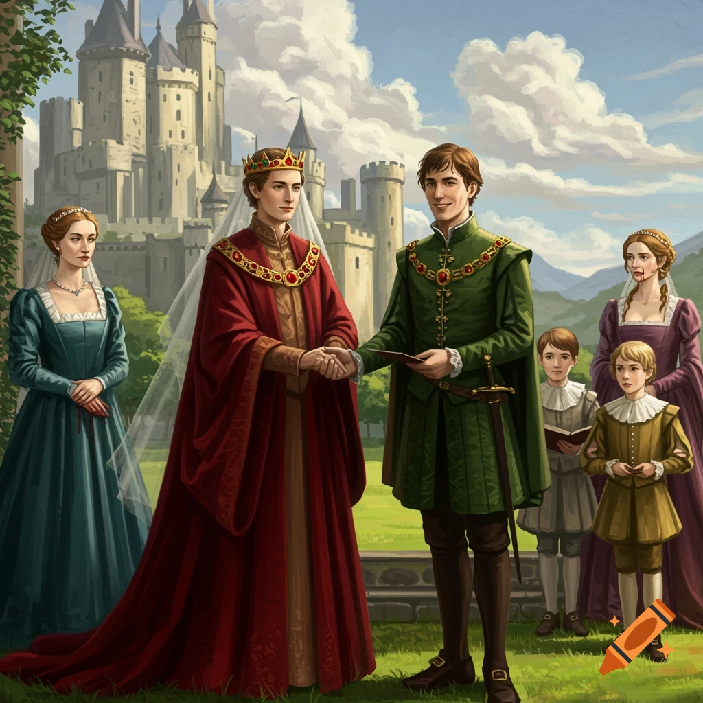 An illustrated medieval wedding scene of two men, one in a red robe and crown, the other in green, in front of a castle. Other figures include a woman with a bloodied face.