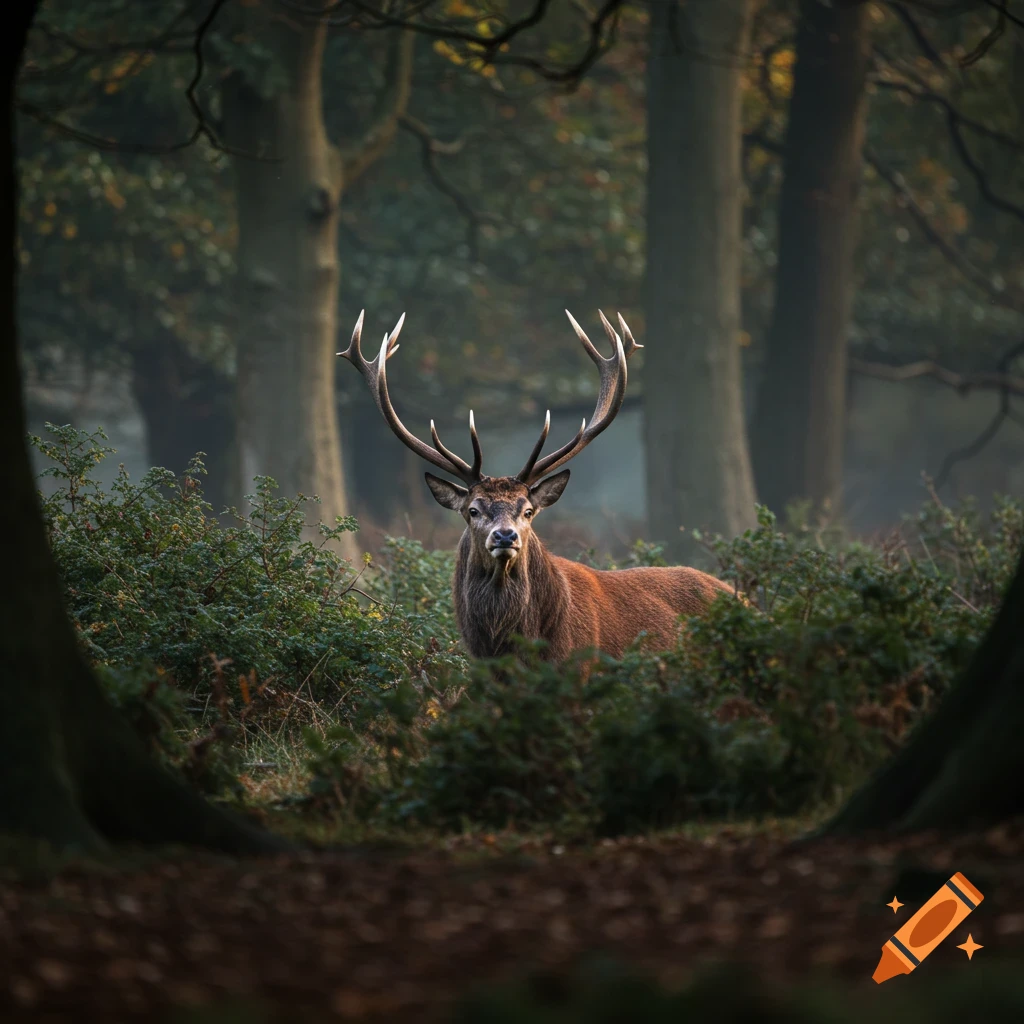 A majestic Red Deer with large antlers stands in a misty, dense forest, looking directly ahead.
