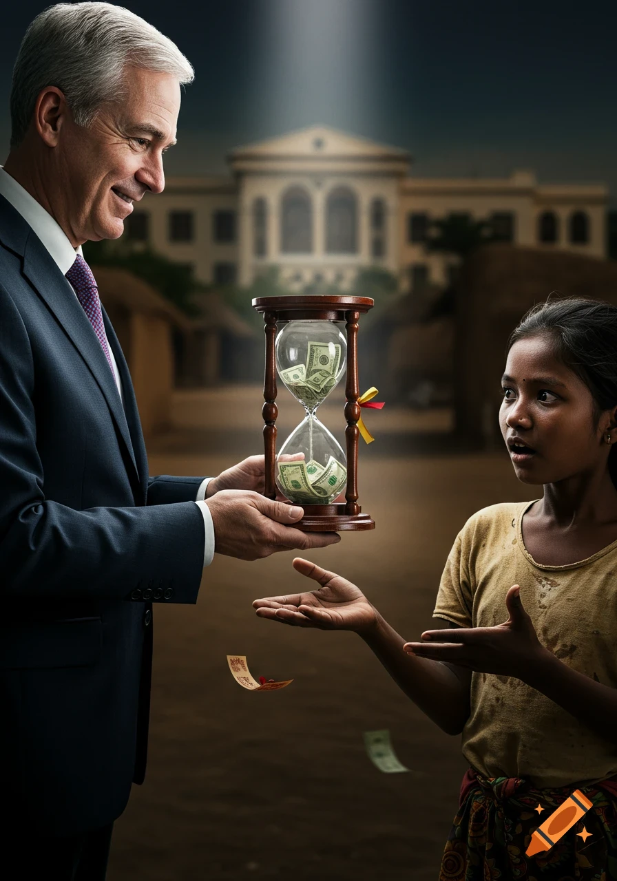 A smiling diplomat offers an hourglass with dollar bills to a surprised rural girl in a symbolic, photorealistic image. A government building and village are in the blurred background.
