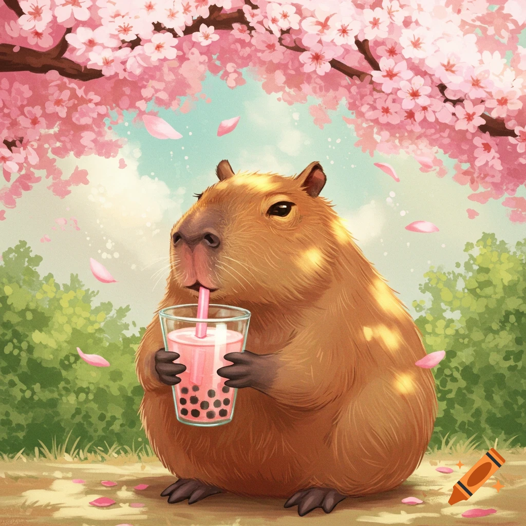 A cute capybara drinks pink bubble tea with a straw under blooming cherry blossom trees in a vibrant illustration.