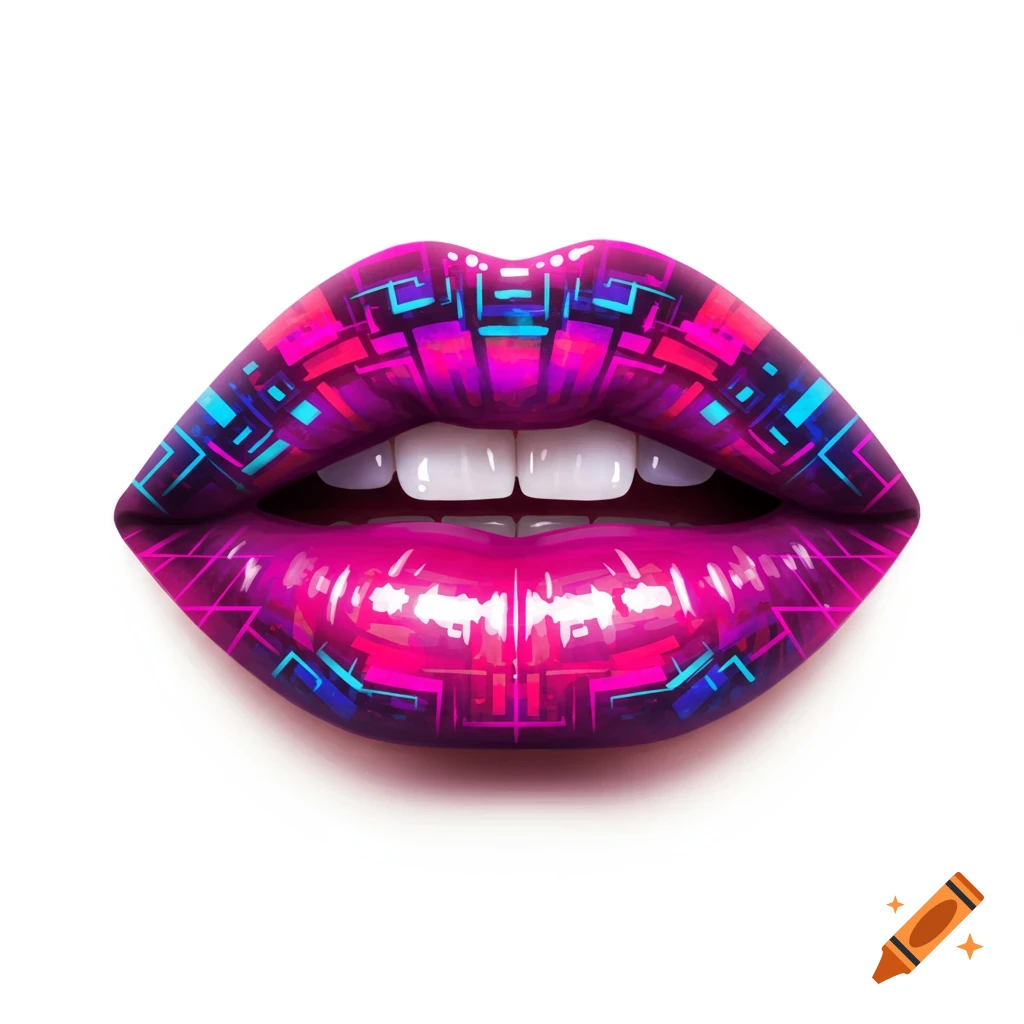A pair of lips with vibrant purple, pink, and blue retrowave-style geometric lip art, set against a white background.