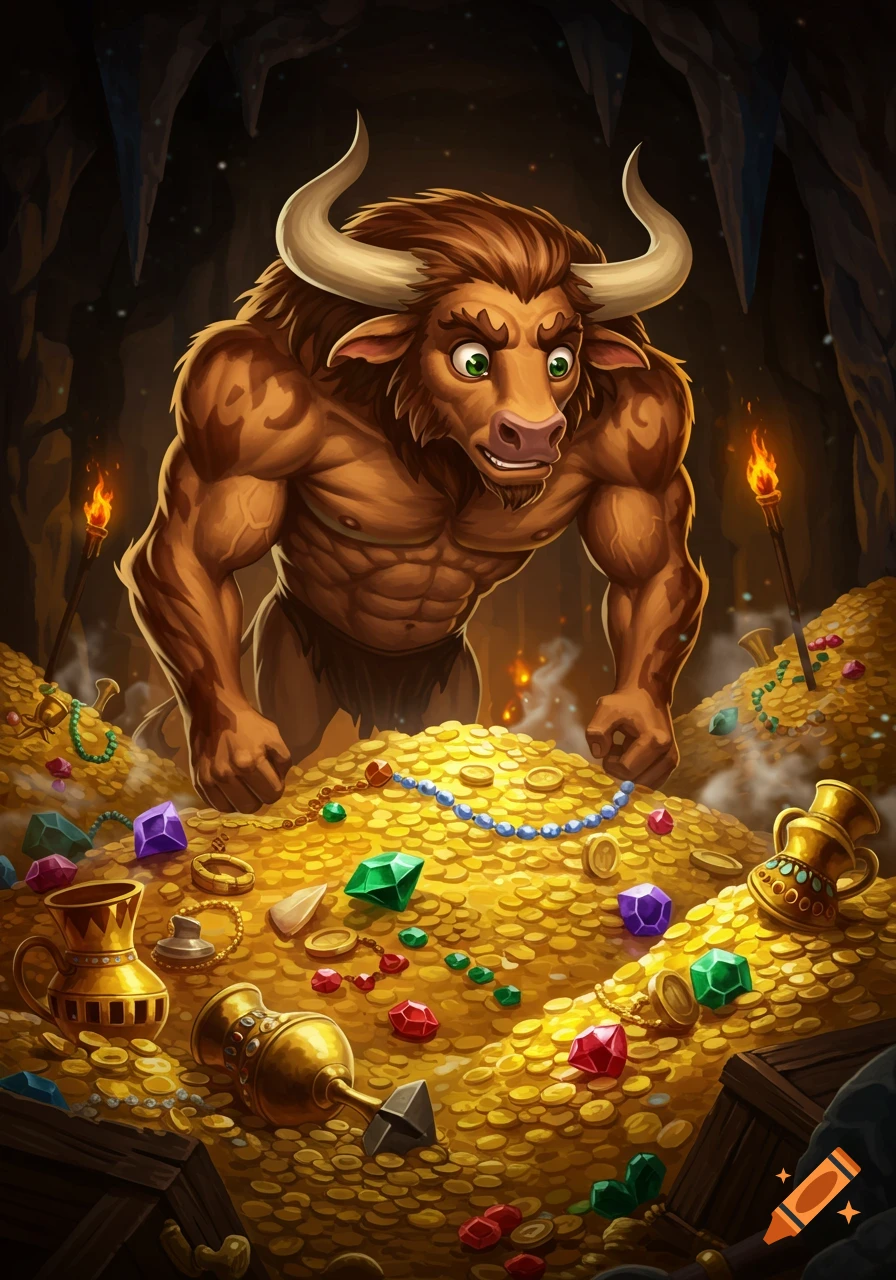 A cartoon minotaur with green eyes crouches over a huge pile of gold coins and colorful gems in a dark cave, lit by torches.
