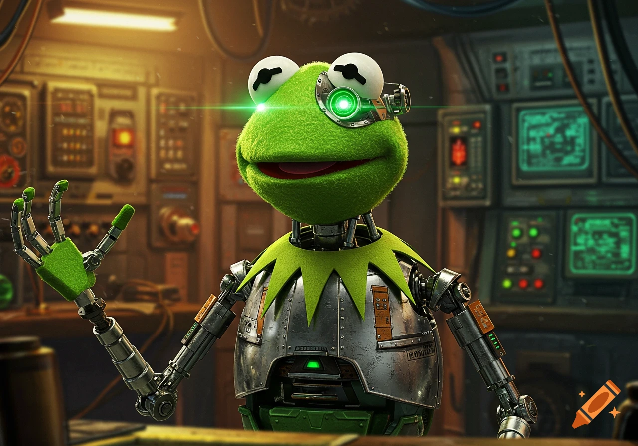 A robotic Kermit the Frog with a green fuzzy head and a metallic body, featuring a glowing green visor, stands in a futuristic laboratory.