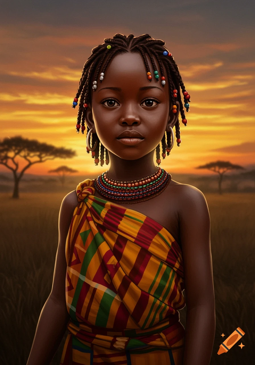 A beautiful young African girl with braided hair and colorful beads, wearing a patterned dress and beaded necklace, standing in a savanna at sunset.