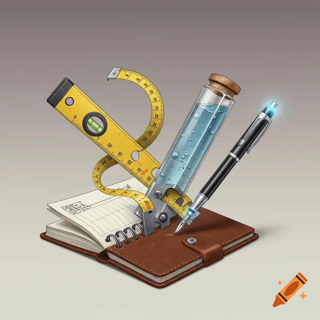 A conceptual illustration of a spirit level, tape measure, vial of blue liquid, and pen fusing into a notepad.
