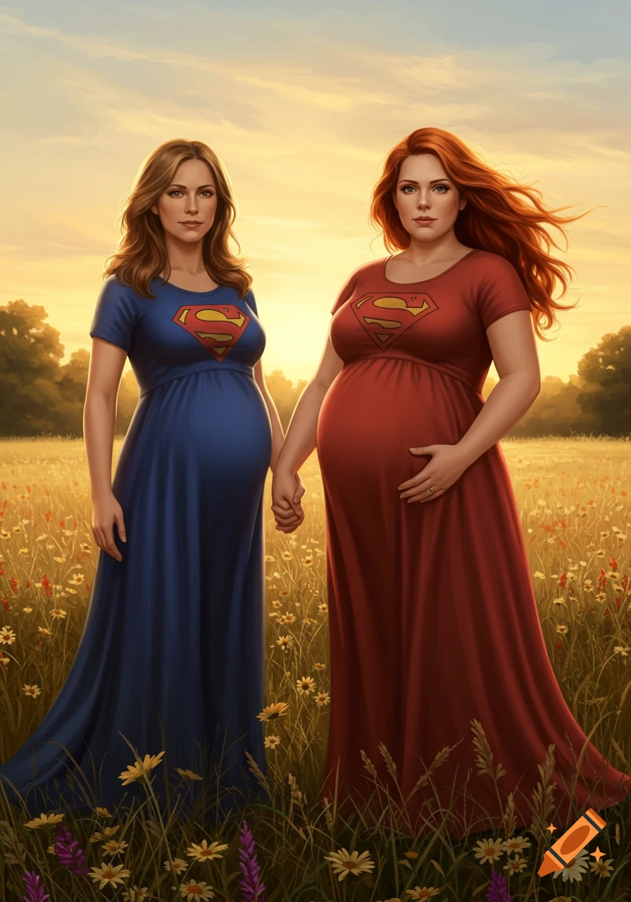 Two pregnant women in flowing dresses with Superman logos stand holding hands in a sunlit field of flowers.