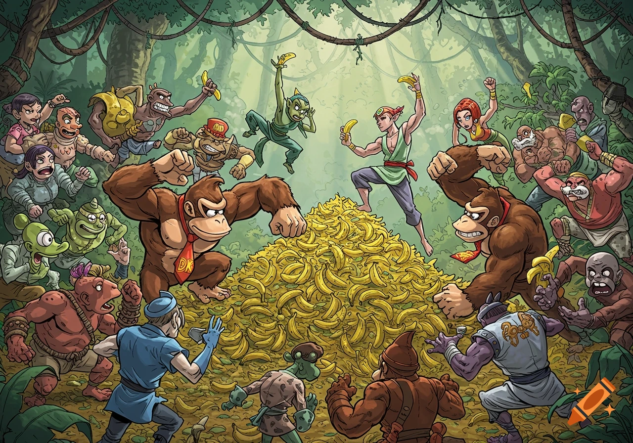 A large jungle battle scene in comic book style, with Donkey Kong and various stylized characters fighting over a massive pile of bananas.