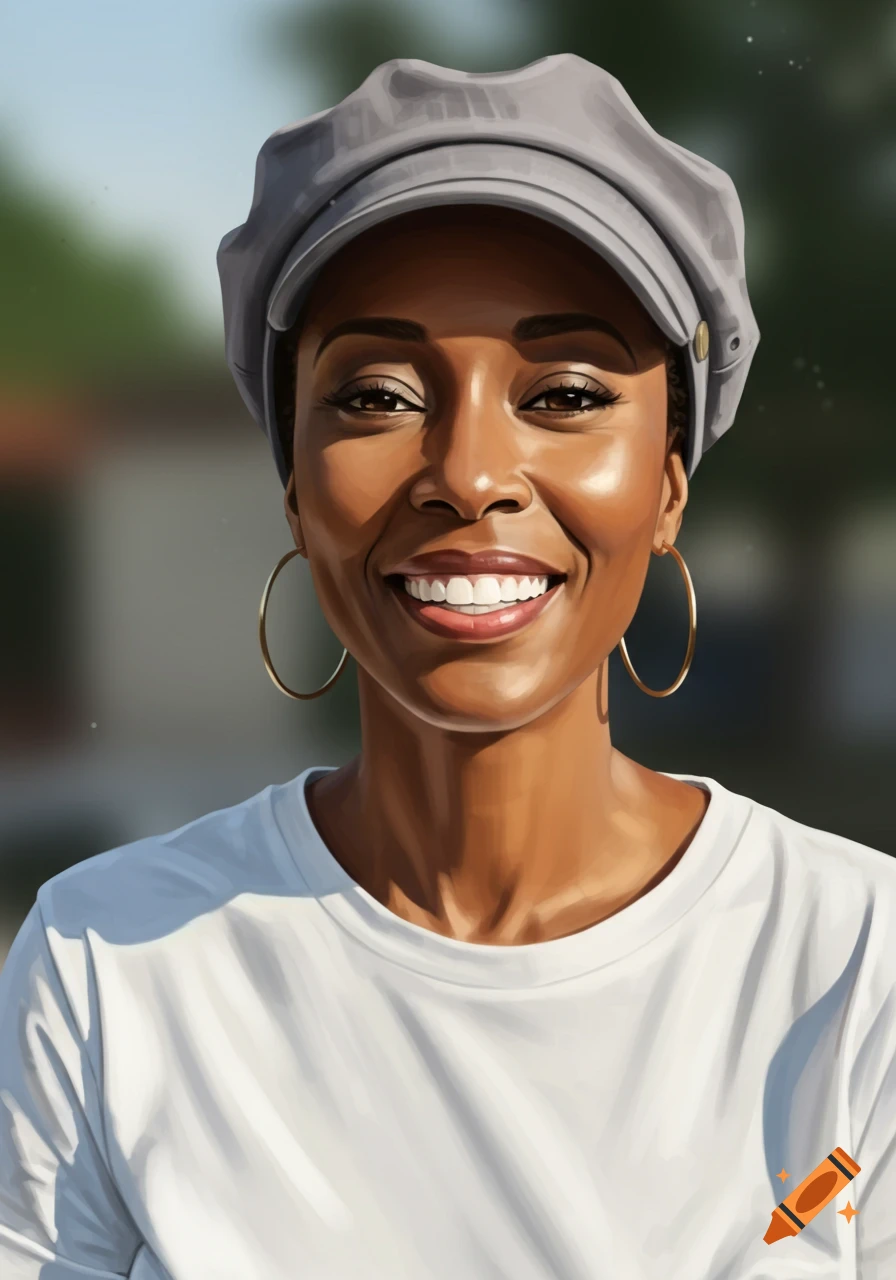Smiling black woman in a grey cap and white t-shirt, photorealistic digital painting.