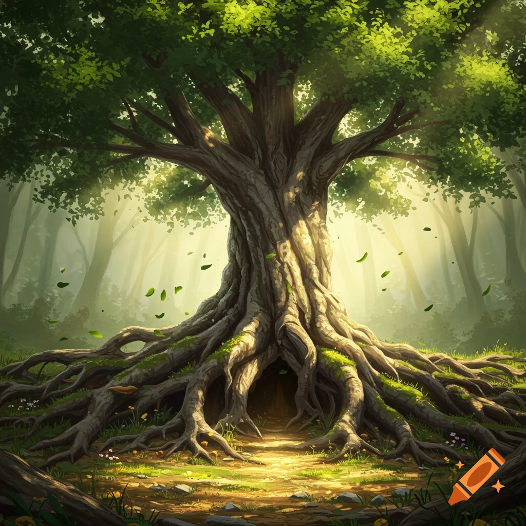 A majestic, ancient tree with sprawling gnarled roots and a glowing hollow at its base in a sunlit, mystical forest. Digital art.